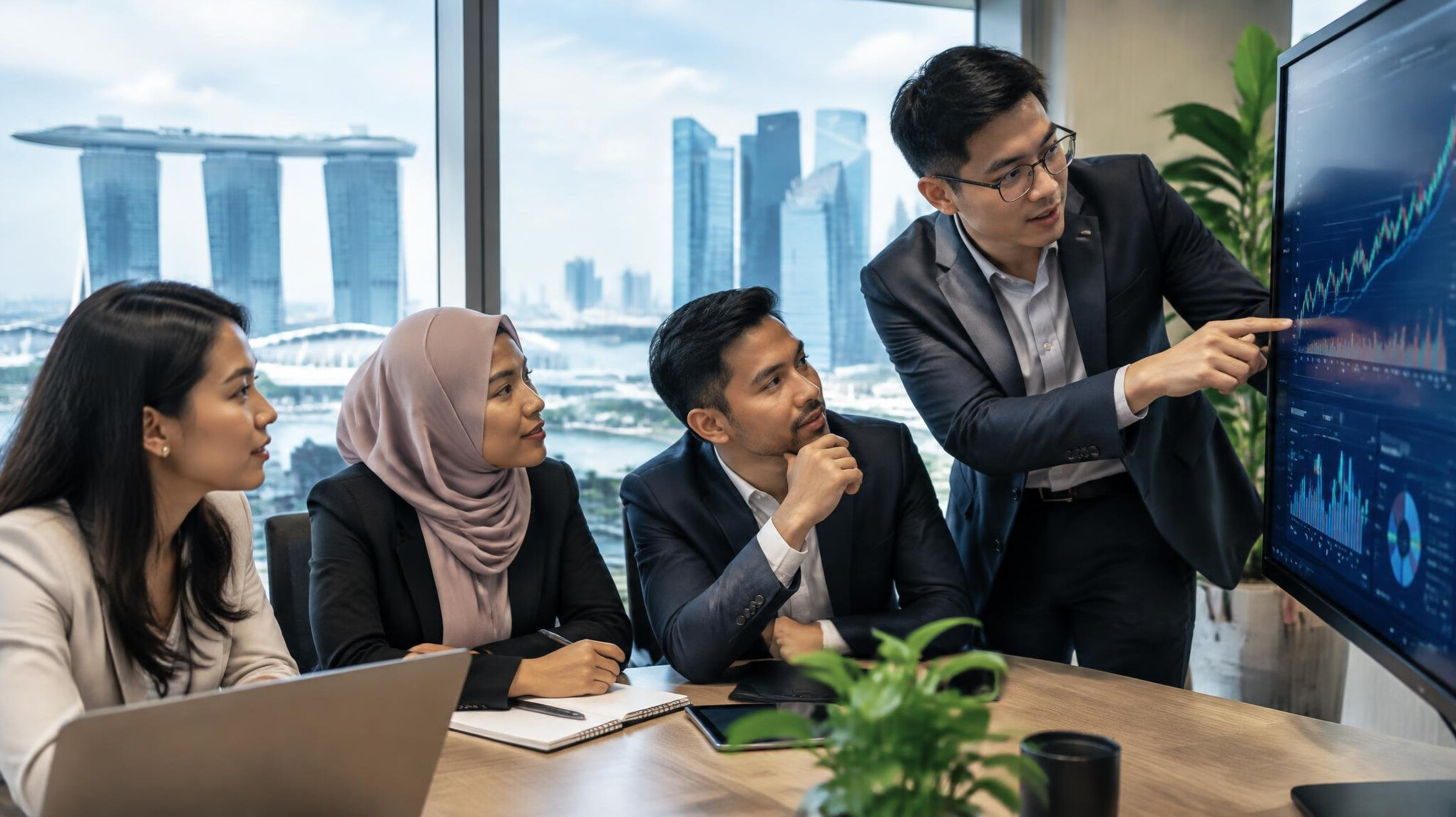Diverse fintech team in a meeting reviewing data on a screen